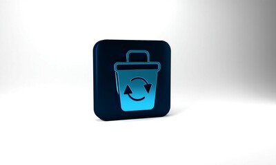 Wall Mural - Blue Recycle bin with recycle symbol icon isolated on grey background. Trash can icon. Garbage bin sign. Recycle basket sign. Blue square button. 3d illustration 3D render