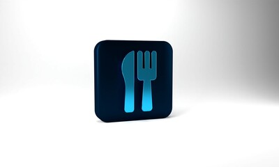 Wall Mural - Blue Crossed knife and fork icon isolated on grey background. Cutlery symbol. Blue square button. 3d illustration 3D render