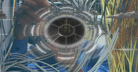 Poster - Animation of interface with data processing over caucasian male engineer working at server room