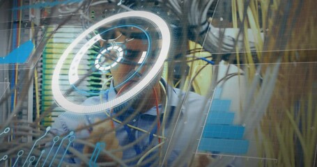 Poster - Animation of interface with data processing over caucasian male engineer working at server room