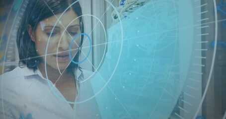 Poster - Animation of round scanner over biracial female engineer working at server room