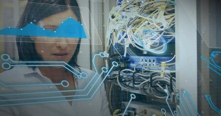 Poster - Animation of interface with data processing over biracial female engineer working at server room