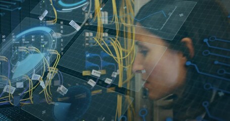Poster - Animation of interface with data processing over biracial female engineer working at server room