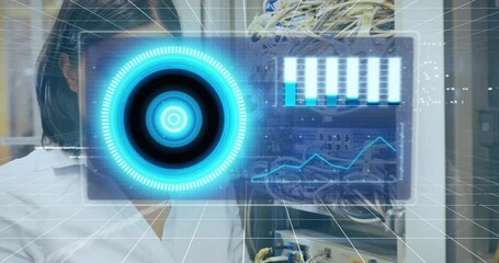 Poster - Animation of interface with data processing over biracial female engineer working at server room