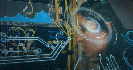 Poster - Animation of round scanner and data processing over biracial female engineer working at server room