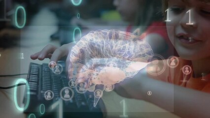 Poster - Animation of human brain and binary coding against caucasian boy using computer at school