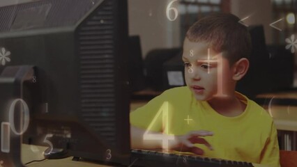 Wall Mural - Animation of multiple numbers and symbols falling over caucasian boy using computer at school