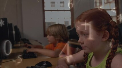 Canvas Print - Animation of multiple numbers and symbols falling over caucasian girl using computer at school