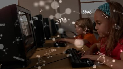Poster - Animation of changing numbers and molecular structures over caucasian girl using computer at school