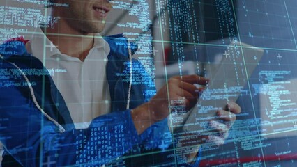 Poster - Animation of data processing over caucasian man using digital tablet at office