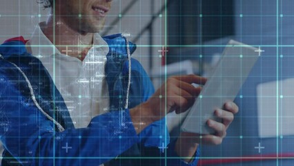 Poster - Animation of grid network over caucasian man using digital tablet at office