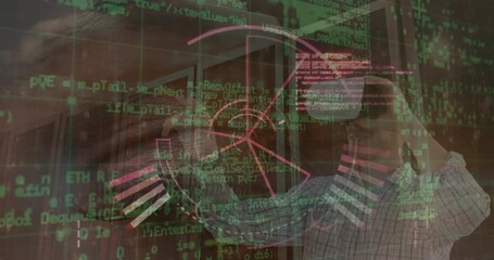 Poster - Animation of round scanner and data processing over caucasian man wearing vr headset at office