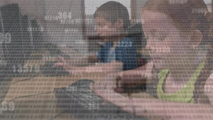 Poster - Animation of binary coding and changing numbers over caucasian girl using computer at school