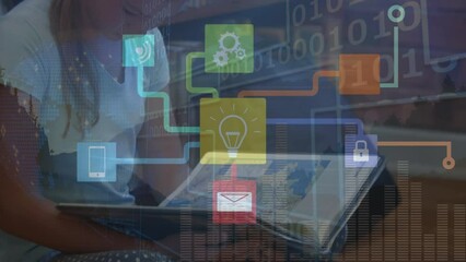 Poster - Animation of network of digital icons over caucasian girl reading a book at school