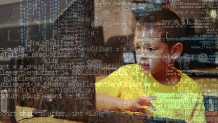Poster - Animation of data processing over caucasian boy using computer at school against human body model