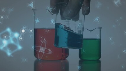 Poster - Animation of molecular structures over close up of a hand holding a beaker filled with chemical