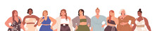 Women Group With Plump Chubby Fat Bodies. Diverse Beautiful Girls With Pretty Curvy Plus-size Figures. Modern Chunky Female Characters Border. Flat Vector Illustration Isolated On White Background