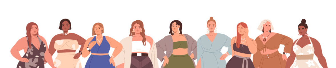 Women group with plump chubby fat bodies. Diverse beautiful girls with pretty curvy plus-size figures. Modern chunky female characters border. Flat vector illustration isolated on white background