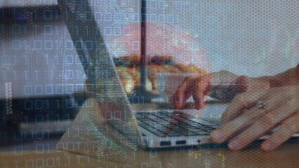 Poster - Animation of globe and data processing over hands of woman at desk using laptop