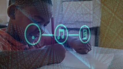 Poster - Animation of connected media icons and data over african american schoolboy in classroom