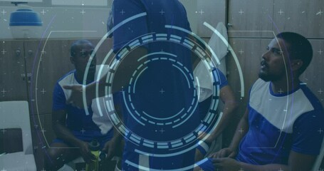 Poster - Animation of scope scanning and data processing over diverse male football players in changing room