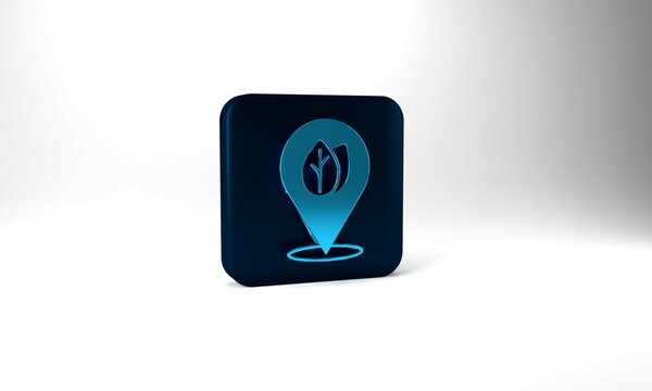Blue Location pin with leaf inside icon isolated on grey background. Leaves sign. Fresh natural product symbol. Blue square button. 3d illustration 3D render