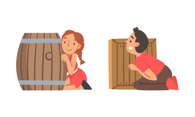 Poster - Kids playing hide and seek set. Boy and girl hiding behind barrel and wooden fence cartoon vector illustration