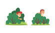 Kids playing hide and seek set. Cute boys hiding behind green bushes in park cartoon vector illustration