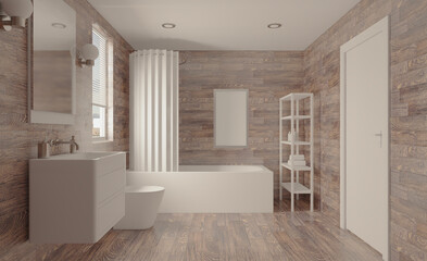  Freestanding bath with towels in grey modern bathroom. 3D rendering.. Mockup.   Empty paintings