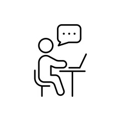 Poster - Person Sit and Use Computer Line Icon. Online Training Video Conference Chat on Laptop Linear Pictogram. Virtual Webinar Meeting Discussion Outline Icon. Editable Stroke. Isolated Vector Illustration