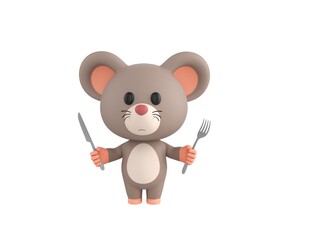 Sticker - Little Rat character holding cutlery in 3d rendering.