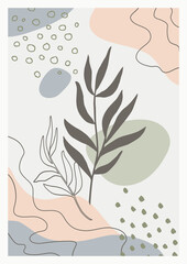 Wall Mural - Botanical art. Abstract organic vector shapes, leaves, branch, plants. Natural elements in doodle style for template, cover, poster, greeting card, frame, background. Simple, stylish, minimal design. 