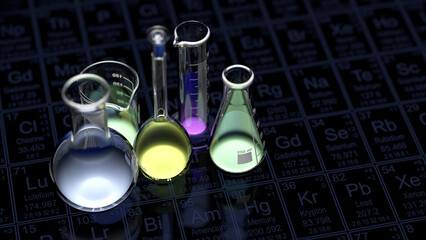 Wall Mural - glass chemistry lab equipment on black background. chemistry lab concept. 3d