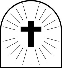 Black christian crucifix cross with light ray boho in gate png icon design.