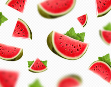 Watermelons 3d Background. Watermelon With Blur Falling Realistic Vector