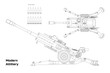 Outline modern artillery. Isolated cannon blueprint. Top, side view of military weapon. Industrial drawing of army gun with ammunition