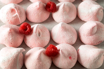 Wall Mural - Sweet Homemade Raspberry Merengue on Gray Background Tasty Dessert Horizontal Above