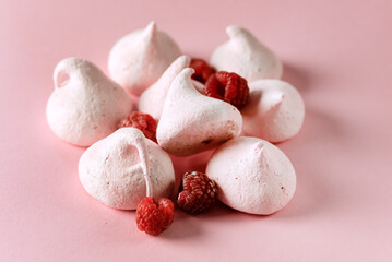 Wall Mural - Sweet Homemade Raspberry Merengue on Pink Background Tasty Dessert Horizontal