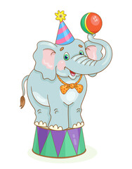 Poster - Funny circus gray elephant in a festive hat with a ball in its trunk stands on a pedestal. In cartoon style. Isolated on white background. Vector illustration