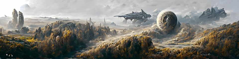 artistic concept painting of a beautiful sci-fi landscape, with a future thing in the background. te