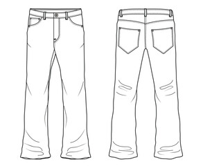 Wall Mural - womens flare jeans flat sketch vector illustration long wide leg jeans cad drawing. front and back view template isolated on white background.