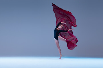 Portrait of young passionate ballerina dancing with deep red transparent fabric isolated over blue grey studio background.