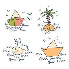 Hand drawn summer collection with paper boat, palm island and whale. Perfect for tee, logo, flyer, poster. Doodle isolated vector illustration for decor and design.