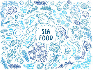 Set of doodle seafood on white background. Vector illustration. Perfect for dessert menu or food package design.