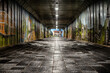 Long underpass with graffitti on walls in town Liptovsky Hradok, Slovakia