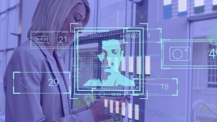 Poster - Animation of profile with social media notification counters over caucasian woman using smartphone