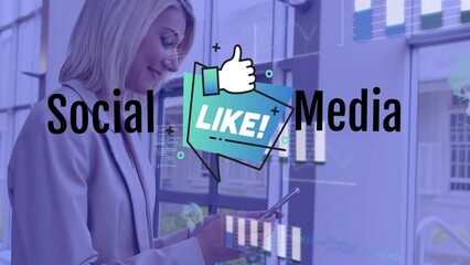 Canvas Print - Animation of social media text and like icons with graphs over caucasian woman using smartphone