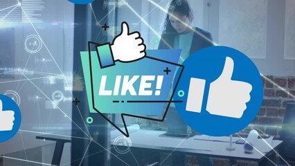 Poster - Animation of like notifications, icons, dots connecting with lines over woman working in office