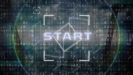 Poster - Animation of digital start text with multiple geometric shapes moving in loop against binary codes