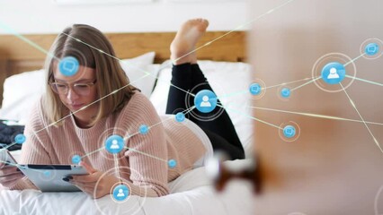 Poster - Profile icons connecting with lines over caucasian woman using cellphone and tablet on bed